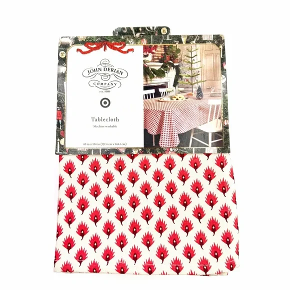 John Derian for Target 84"x60" Red Leaf-Like Print on Cream Table Cloth NWT - Picture 4 of 10